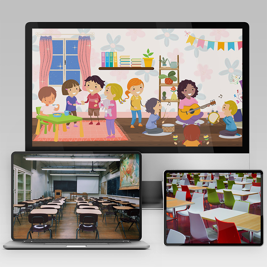 Bildkollage mit PC, Laptop und Tablet – Motive zeigen Aula, Kita-Zeichnung und Klassenzimmer